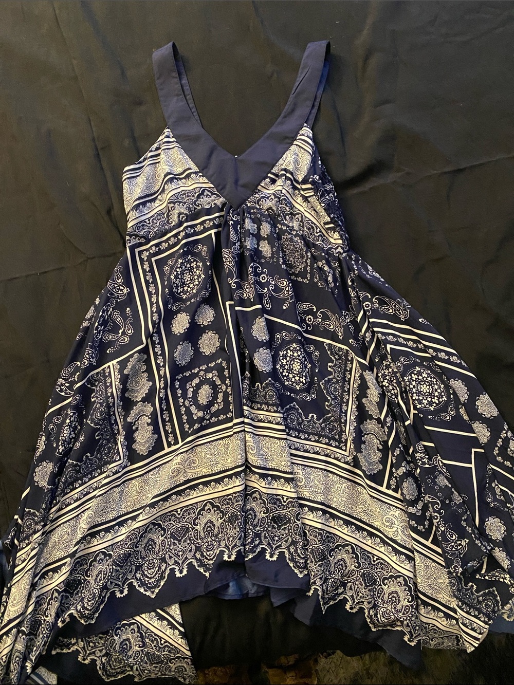 Women's Navy and White V-Neck Patterned Sundress